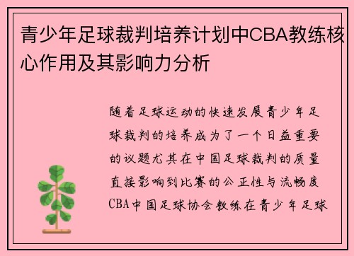 青少年足球裁判培养计划中CBA教练核心作用及其影响力分析